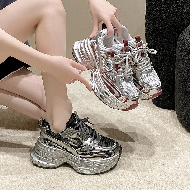 35-43码 大码女鞋松糕软底银色老爹鞋女夏季运动厚底增高休