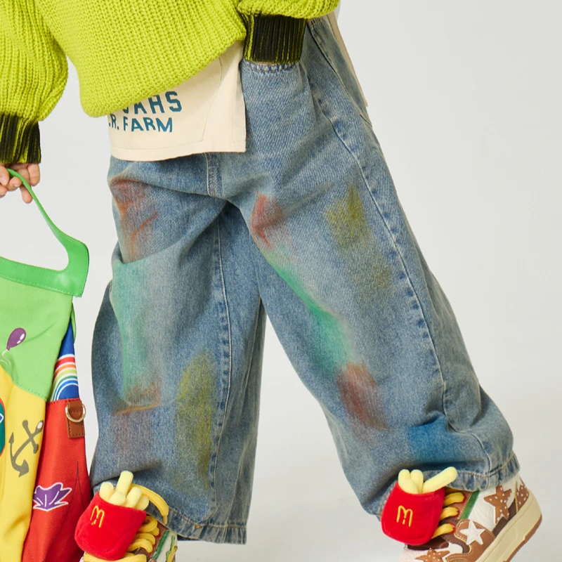 momobobi秋季新款儿童牛仔裤韩版洋气百搭彩色涂鸦宽松时尚长裤潮