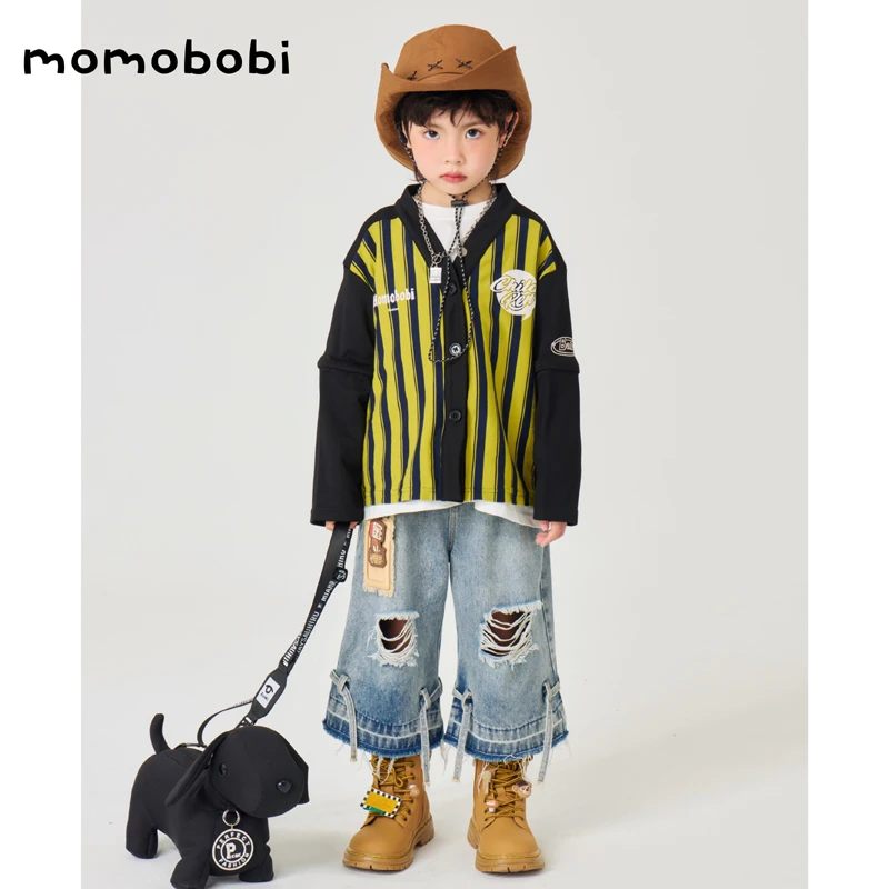 momobobi自制新款儿童外套韩版个性竖条纹外套可拆卸袖子棒球上衣