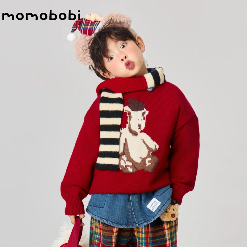 momobobi新款儿童毛衣韩版个性小熊毛线上衣卡通百搭圆领保暖上衣