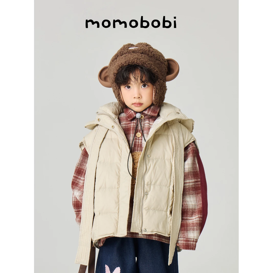 momobobi冬新款儿童连帽羽绒马甲韩版保暖背心中大童宽松外套潮流