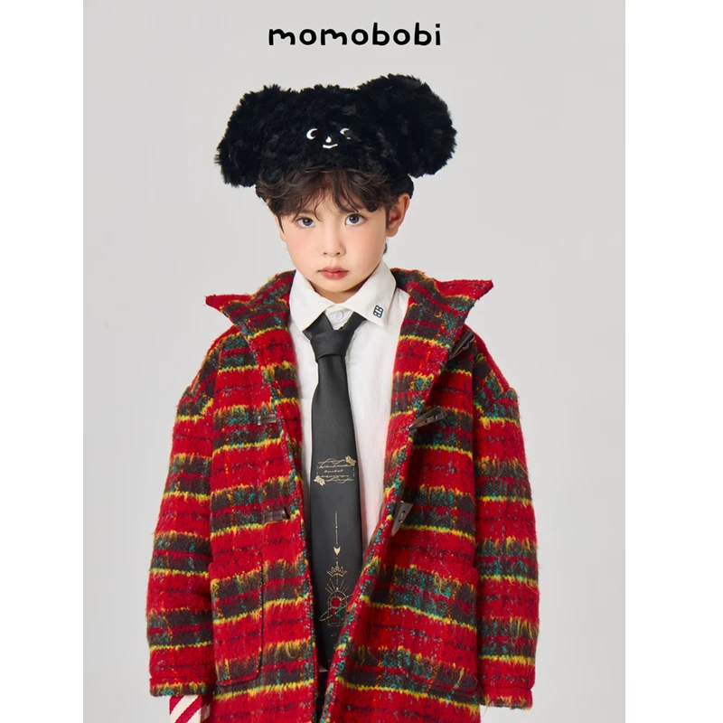 momobobi自制冬款呢外套韩版红格子夹棉保暖长款大衣新年圣诞外套