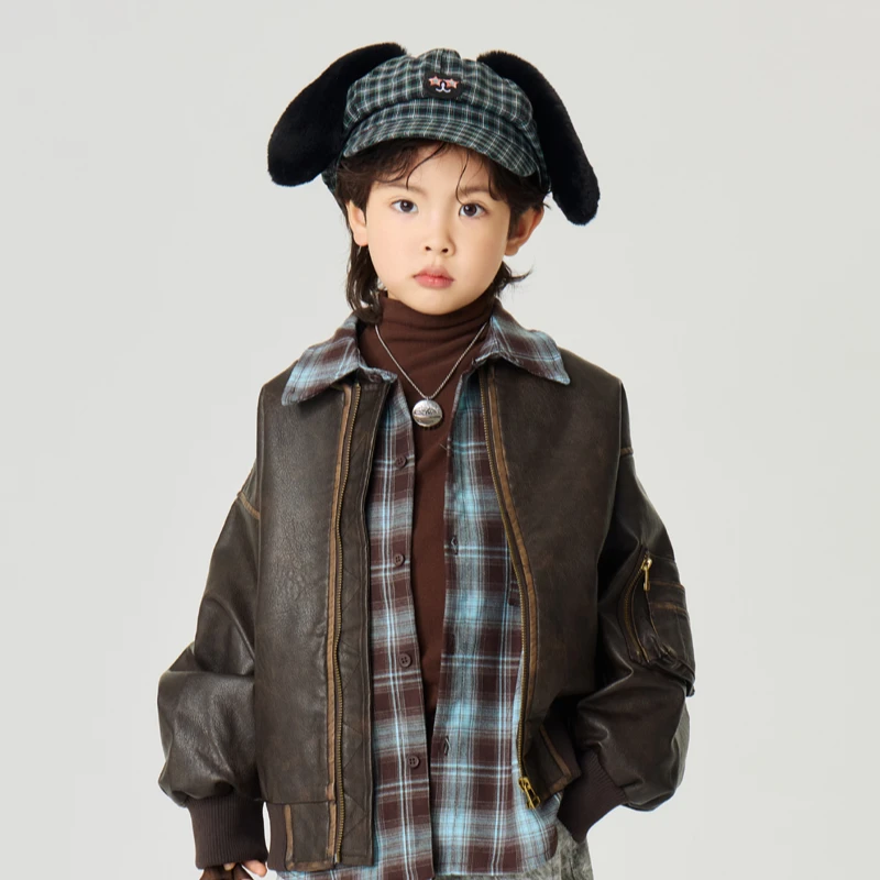 momobobi新款儿童皮衣韩版个性男童擦色夹克衫男孩短款皮上衣潮流