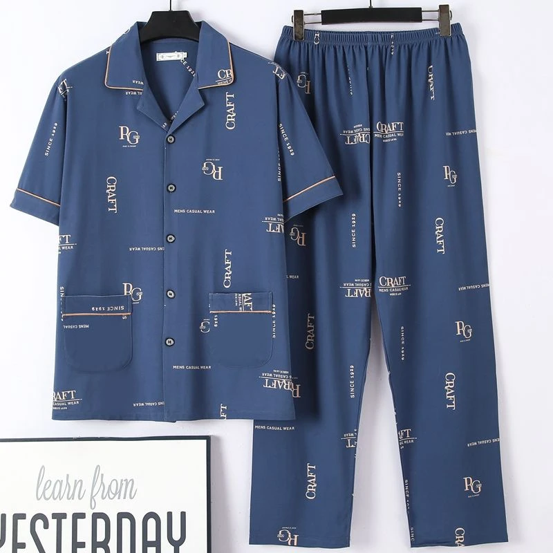 男士睡衣男短袖长裤夏季薄款中老年爸爸休闲可外穿大码家居服套装