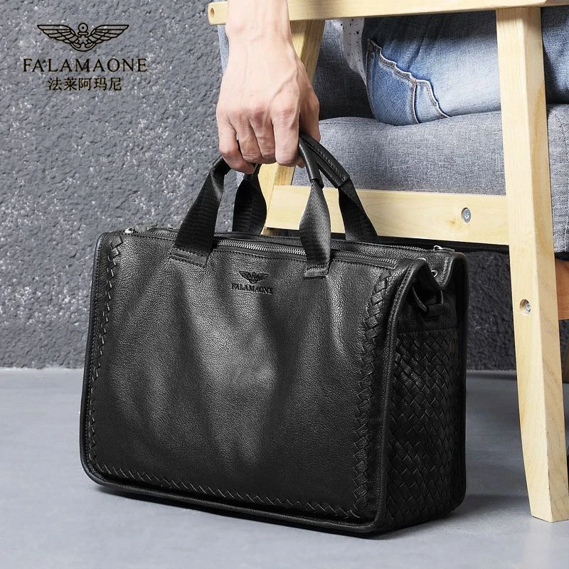 法莱阿玛尼手工编织真皮男手提包出差公务包高档商务斜挎包手拎包