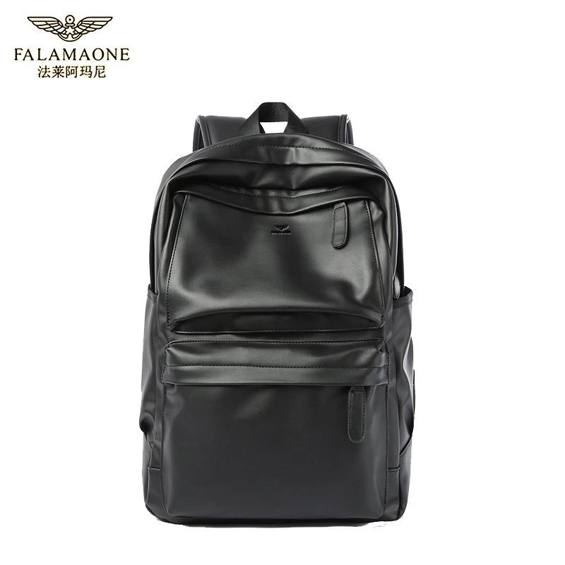 法莱阿玛尼新款旅行双肩包男休闲皮质学生书包黑色潮流纯色背包