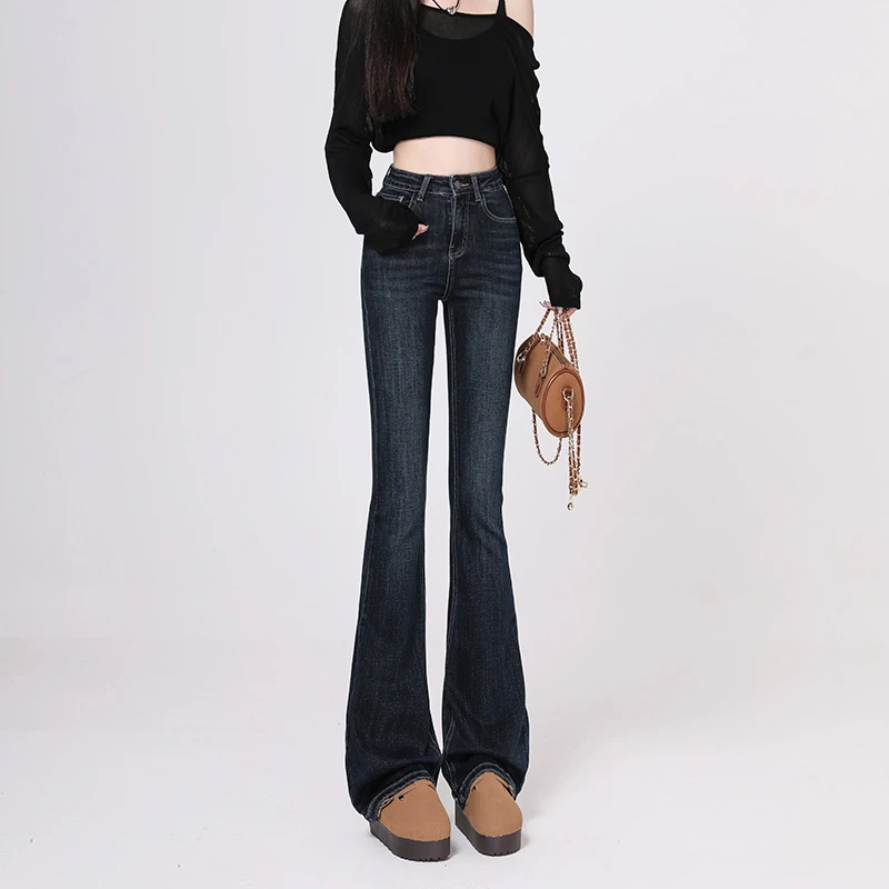 深蓝色品质喇叭牛仔裤女2025秋冬高腰显瘦弹力百搭加绒加厚微喇裤
