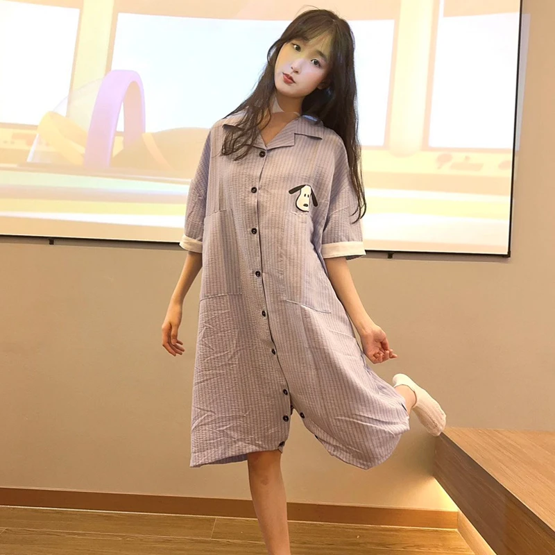 韩风条纹短袖连衣睡裙女款可爱史努比狗狗家居服高级感可外穿睡衣
