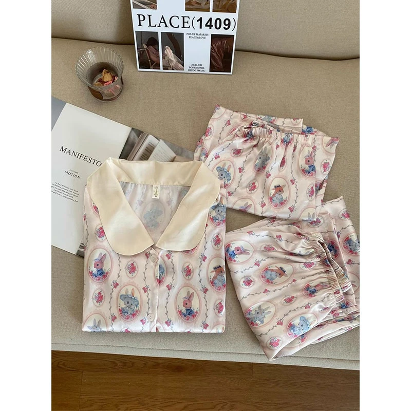 【田园萝莉兔】睡衣短袖三件套夏季轻奢冰丝凉感娃娃领少女感家居服