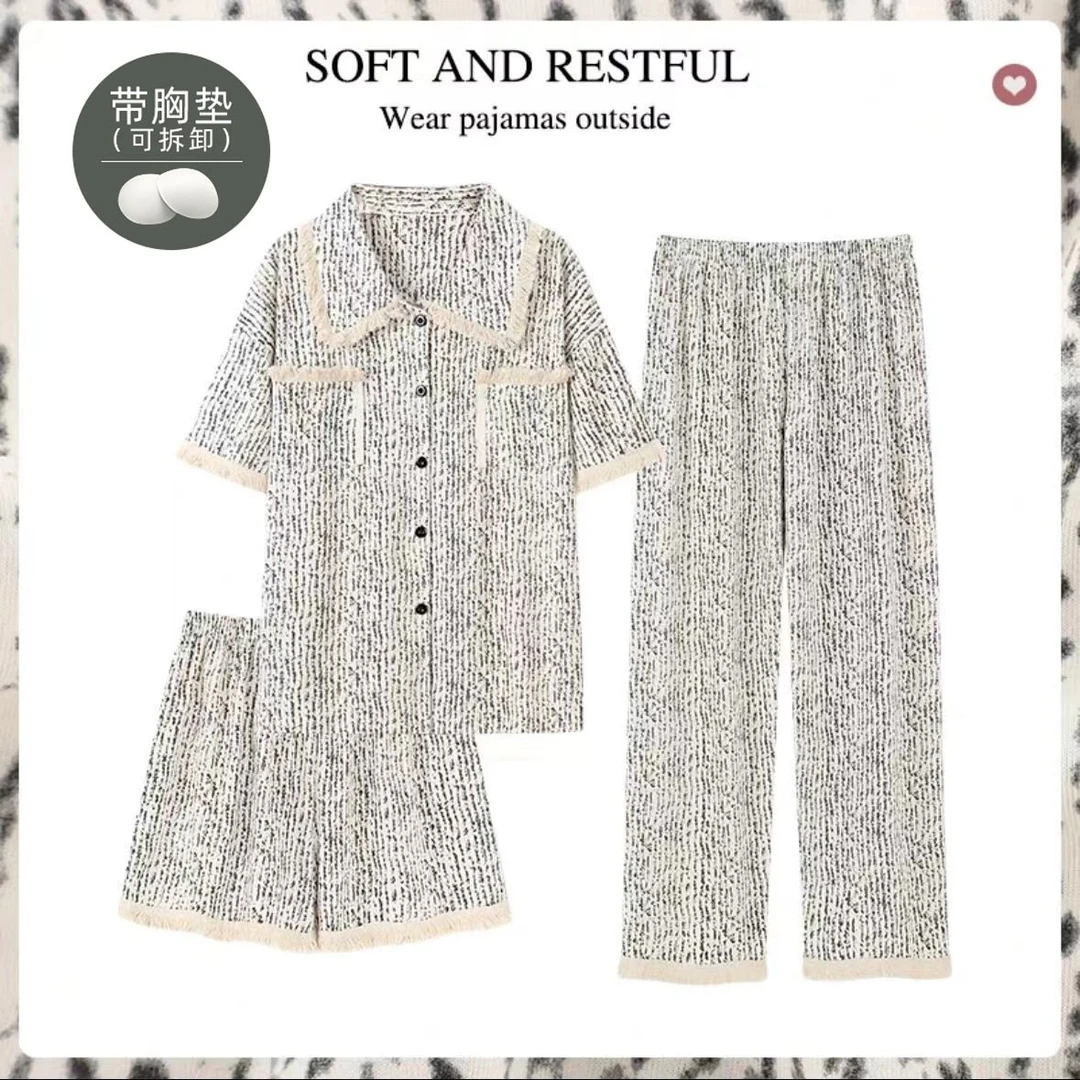 拍一发三ins韩系斑马纹睡衣夏季新款短袖小香风带胸垫家居服套装