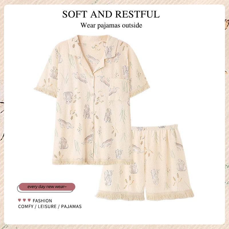 甜美少女睡衣夏季新款短袖短裤套装夏天可爱开衫宽松家居服两件套