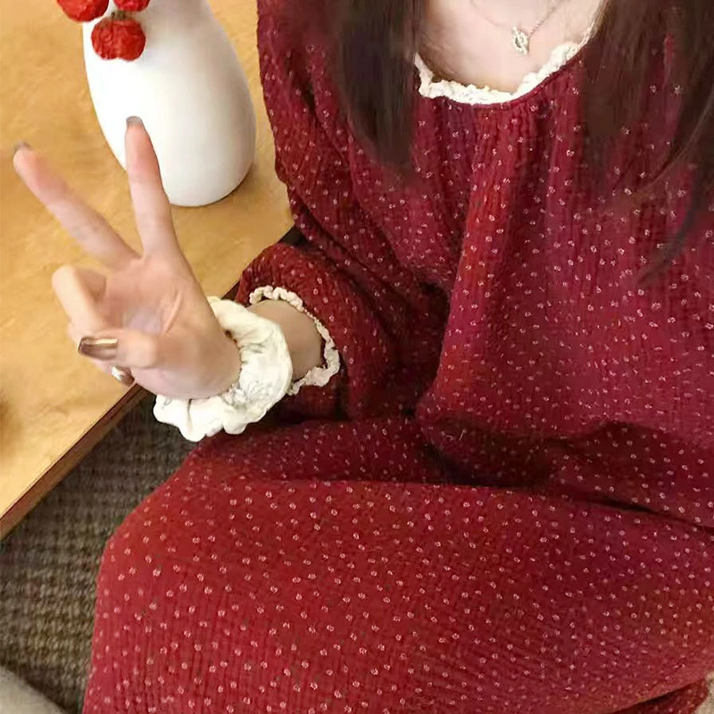 枯感·暗红碎花睡裙女秋季新款甜美仙女连衣裙可外穿家居服睡衣春