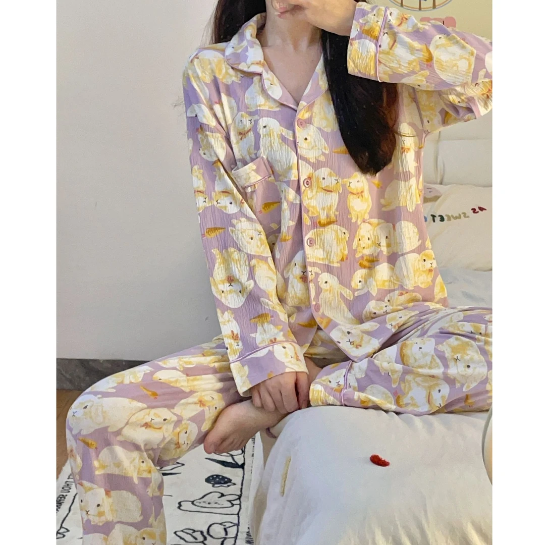 春秋新款睡衣女长袖卡通可爱狗狗开衫休闲两件套可外穿家居服套装