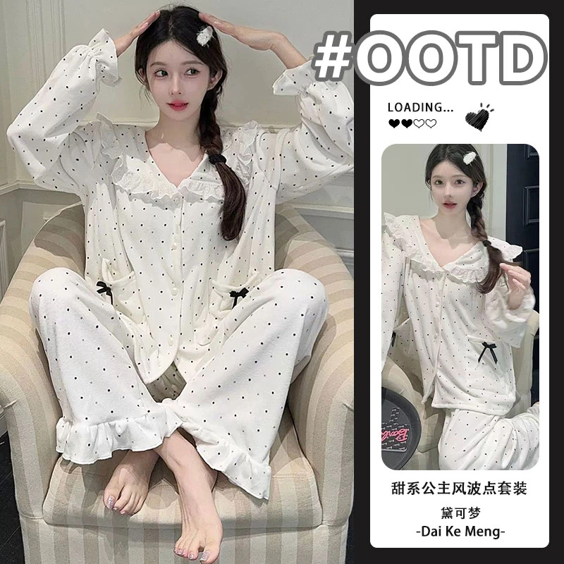 甜系公主风韩系波点睡衣套装秋冬德绒加厚保暖搭子长袖长裤家居服