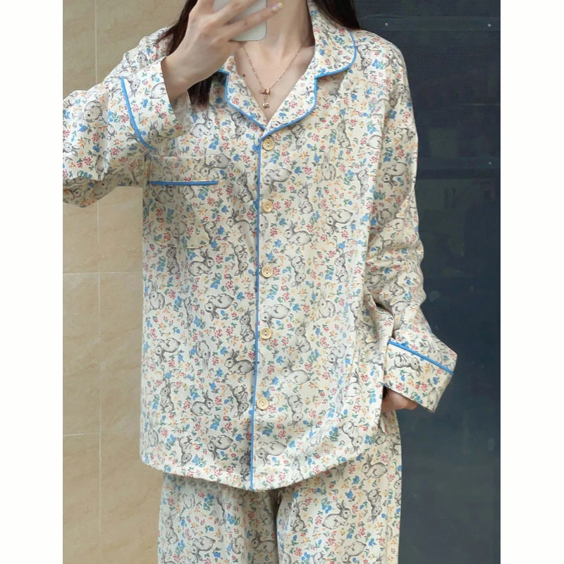 ins日系睡衣女春秋新款清新少女长袖甜美宽松大码家居服两件套装