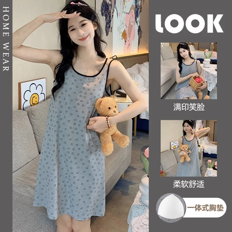 网红风满印笑脸带胸垫一体睡衣女夏季薄款莫代尔韩系减龄吊带睡裙
