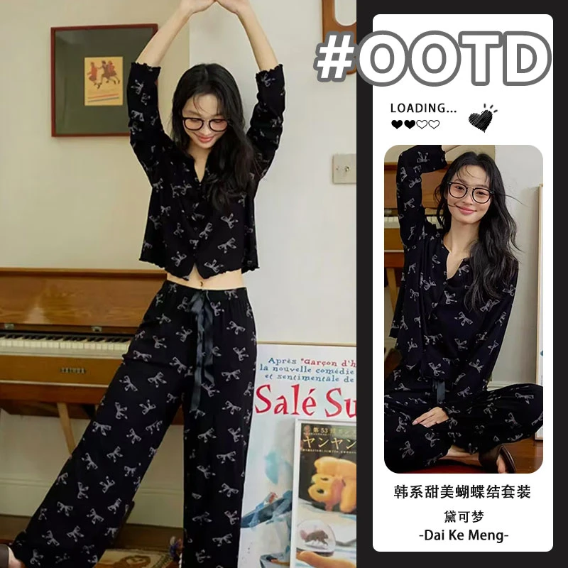 轻奢风·蝴蝶结满印V领长袖睡衣套装女春秋新款高级感家居服两件套