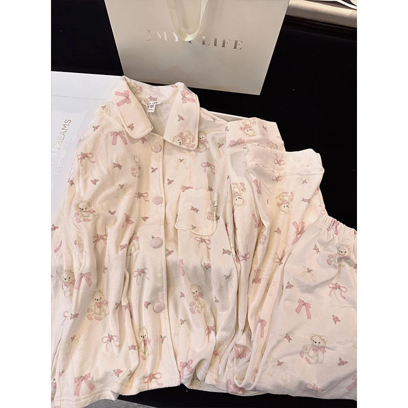 可爱泰迪熊加厚加绒德绒睡衣女2024秋冬新款少女甜美家居服套装冬