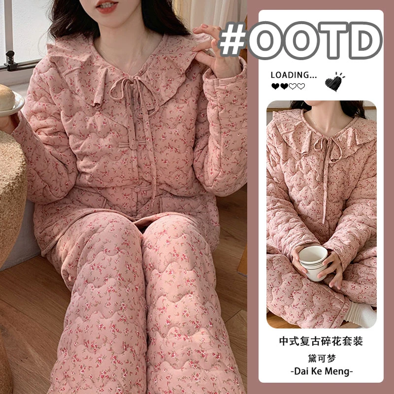 冬季新款夹棉加厚加绒睡衣女款复古碎花娃娃领长袖套装家居服省服