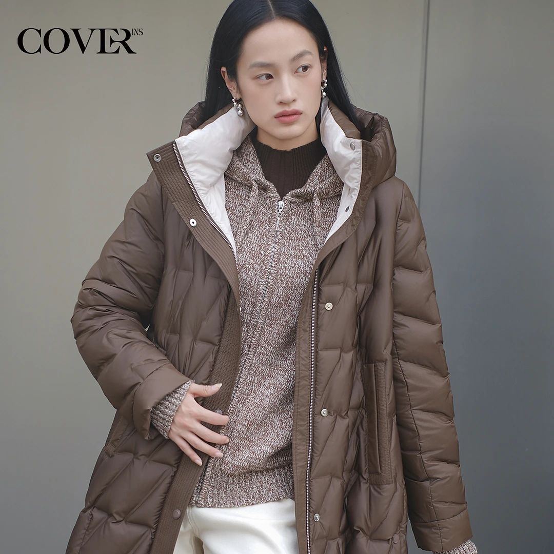 COVERINS冬季连帽绗线直充白鹅绒羽绒服