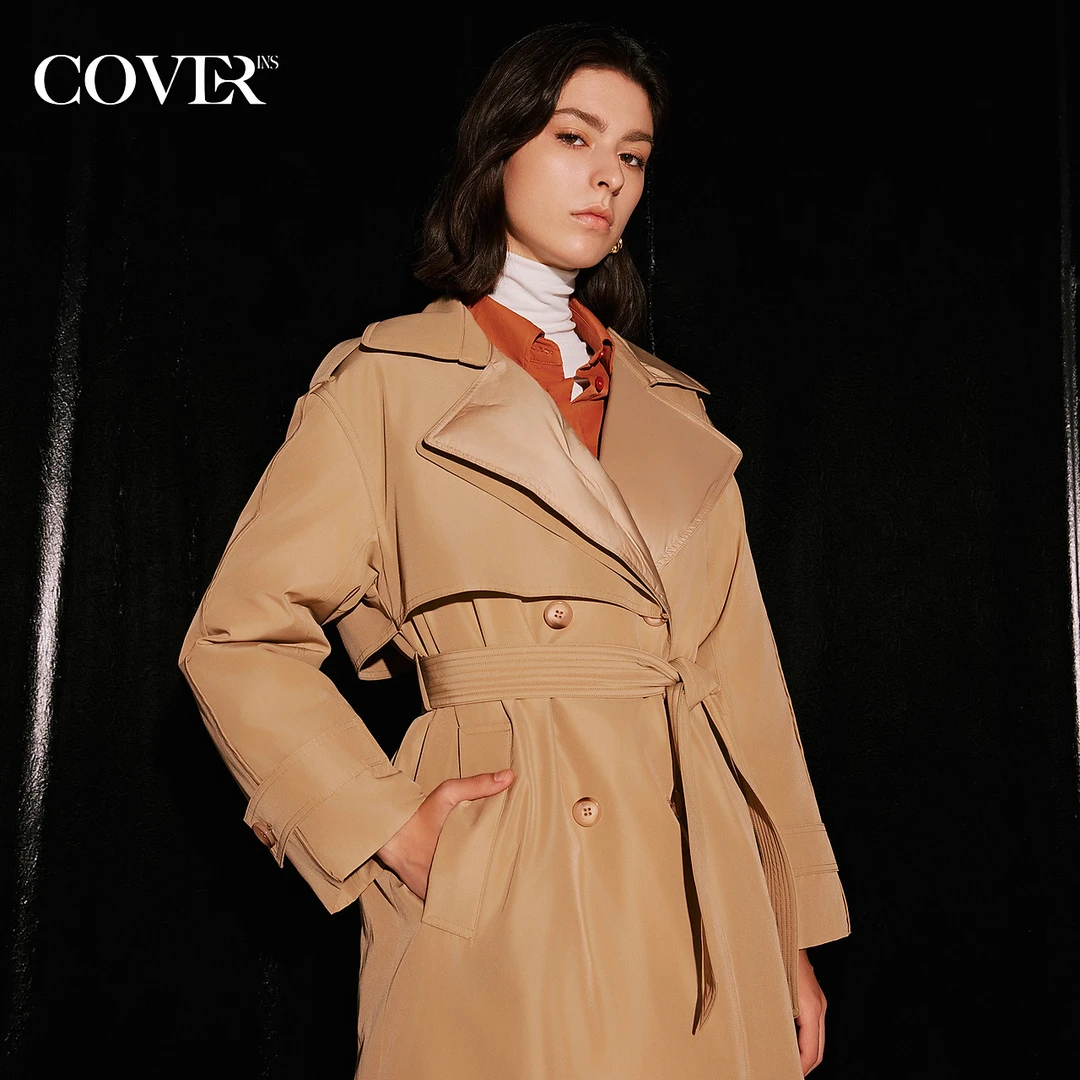 COVER冬季安心绒大翻领风衣式羽绒服