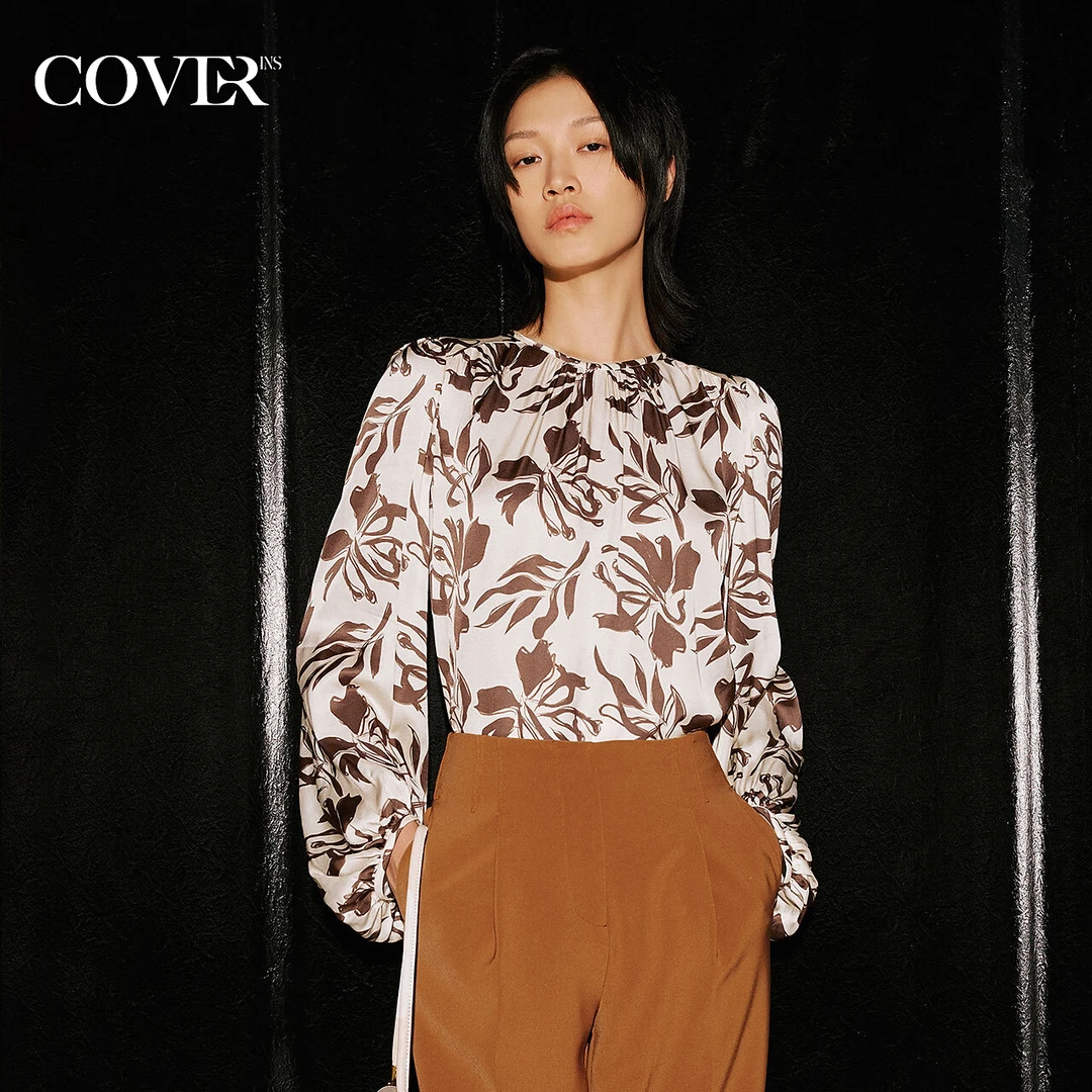 COVERINS冰丝印花上衣灯笼袖衬衫