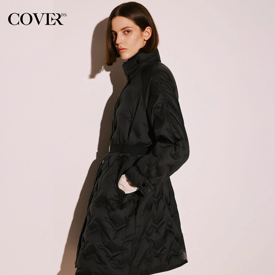 COVERINS冬季安心绒黑色立领羽绒服中长款