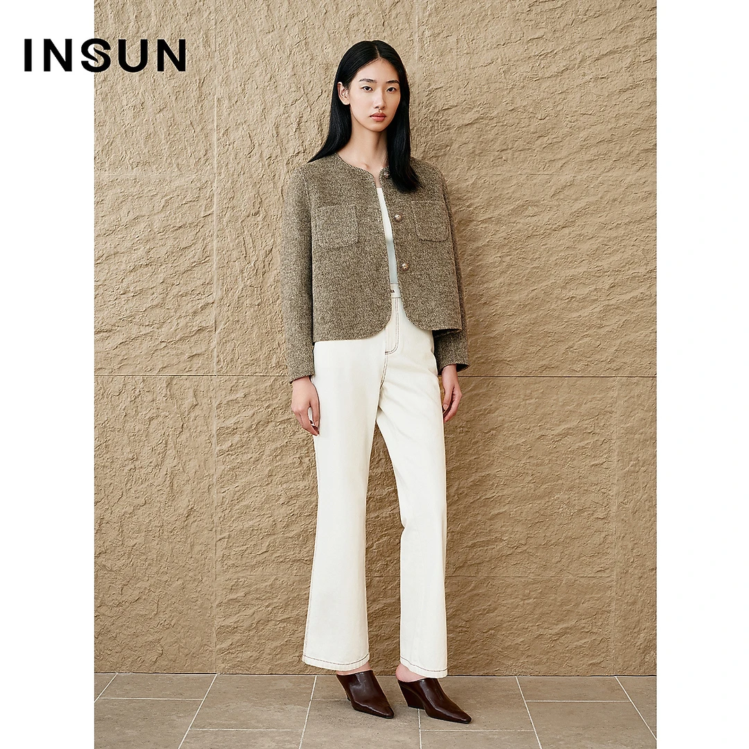 INSUN恩裳专选格纹美拉德双面呢绵羊毛小香风外套