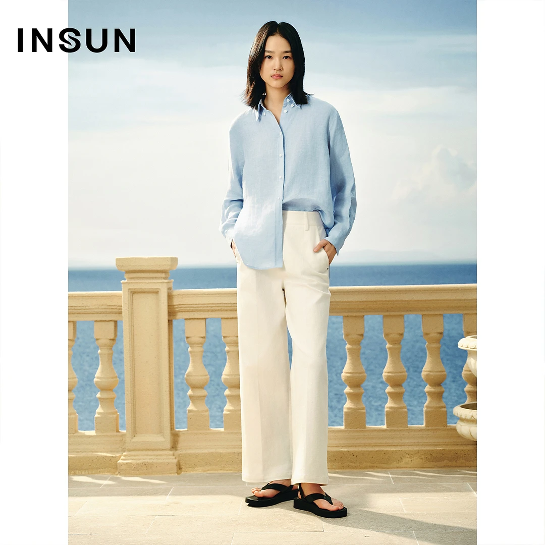 INSUN恩裳春老钱风亲肤弹力棉白色牛仔阔腿裤