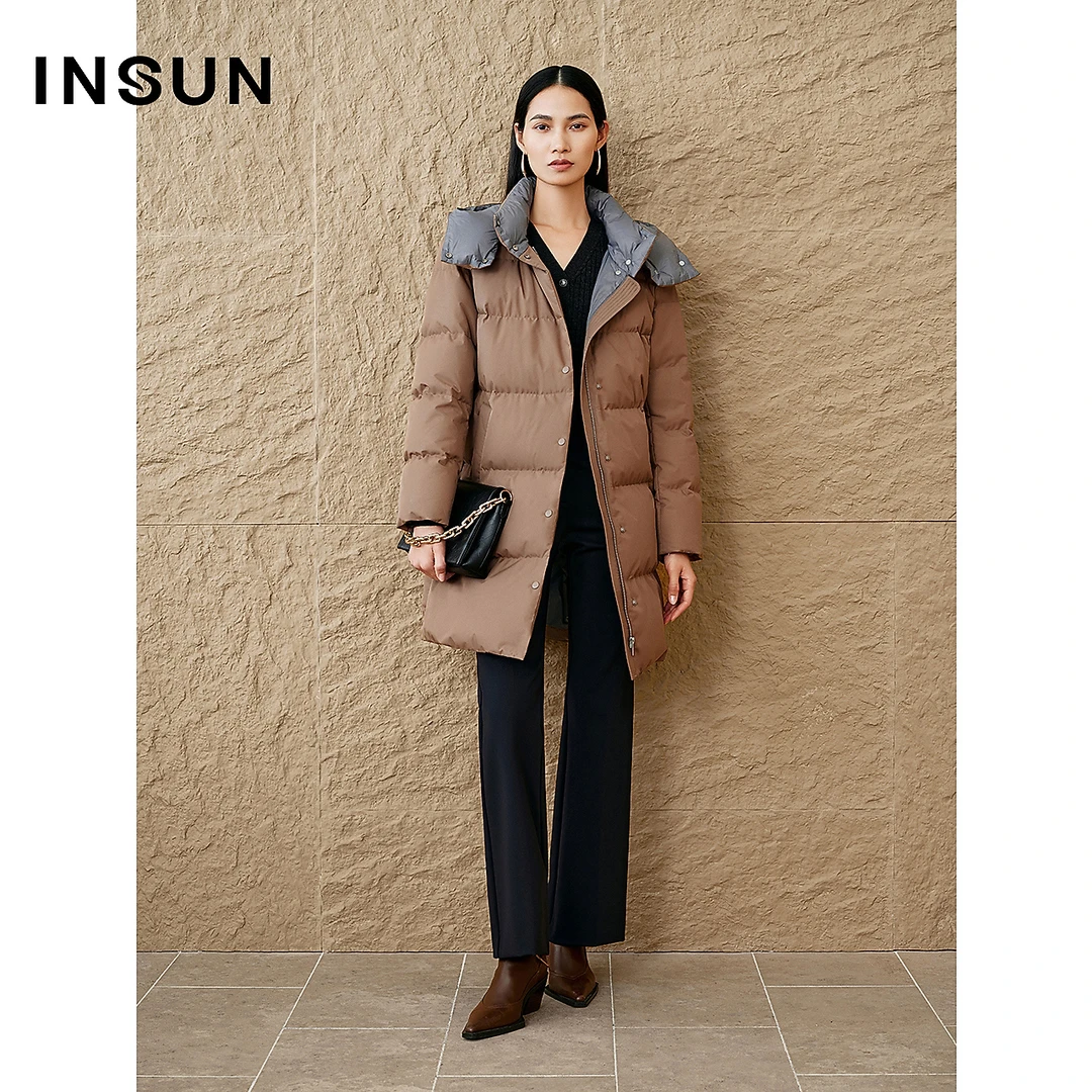 INSUN恩裳专选冬季休闲连帽绗线中长款羽绒服