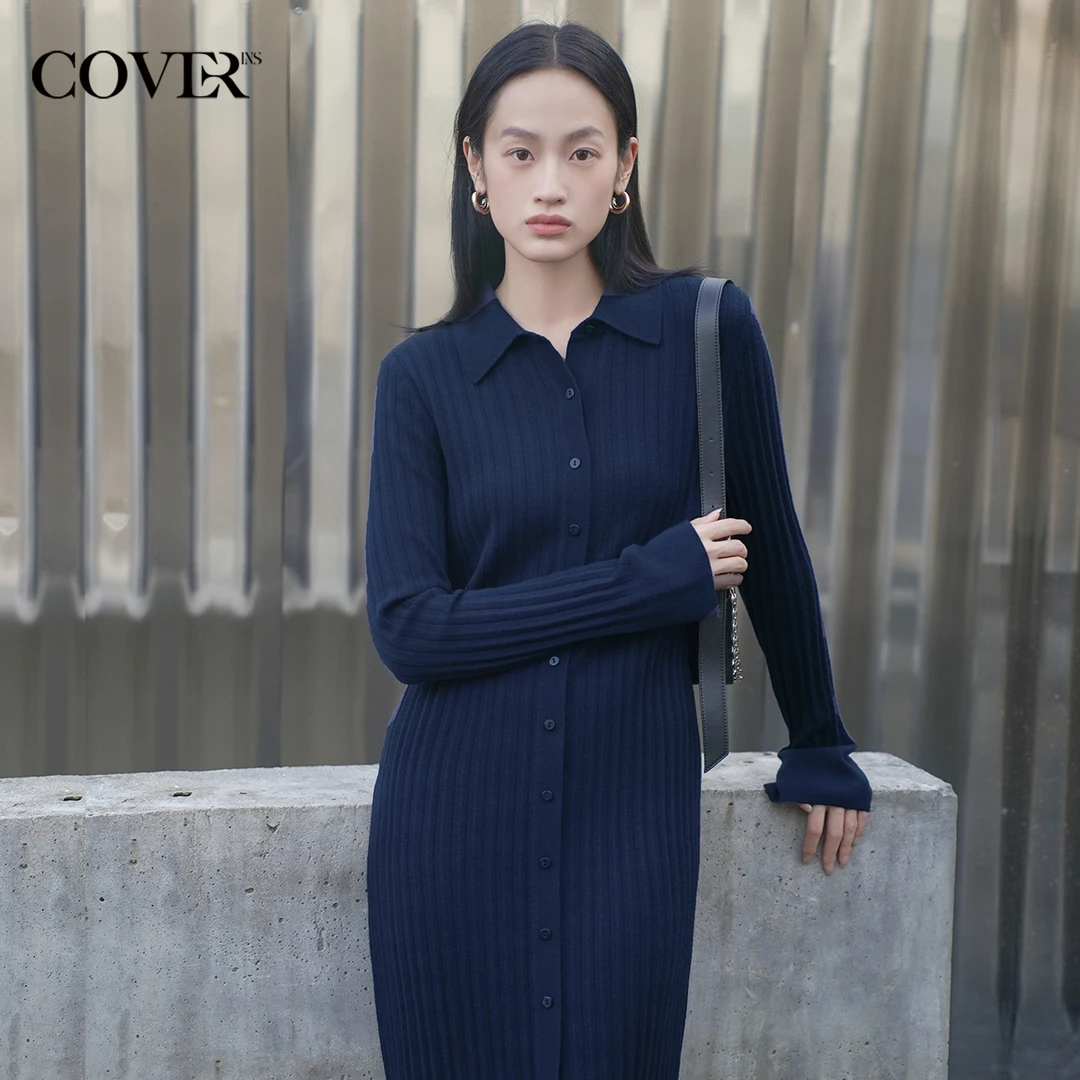 COVERINS冬季休闲压褶绵羊毛针织连衣裙