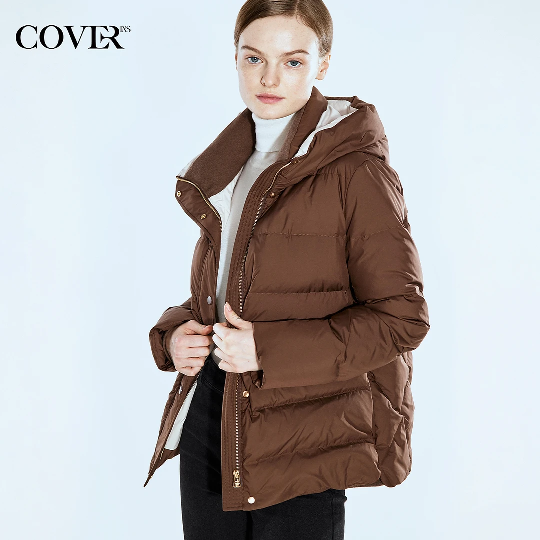 COVERINS冬季极简雅丹风茧形绗缝连帽羽绒服