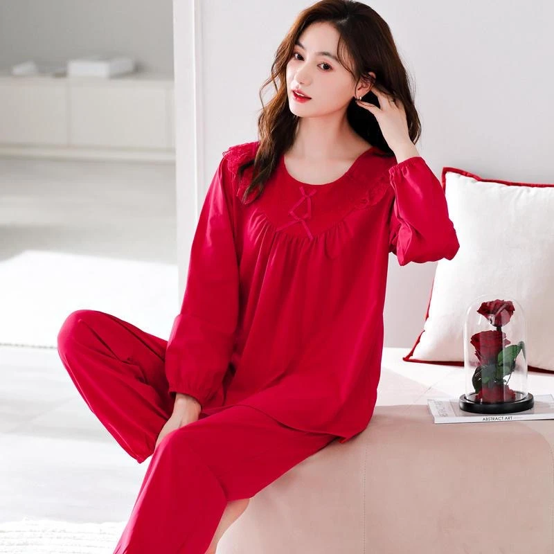 睡衣女纯棉大红色春秋款休闲长袖长裤圆领本命年喜庆家居服两件套