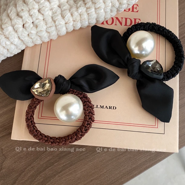 黑色水钻兔耳朵发圈女气质低丸子头橡皮筋秋冬慵懒扎马尾头绳发绳