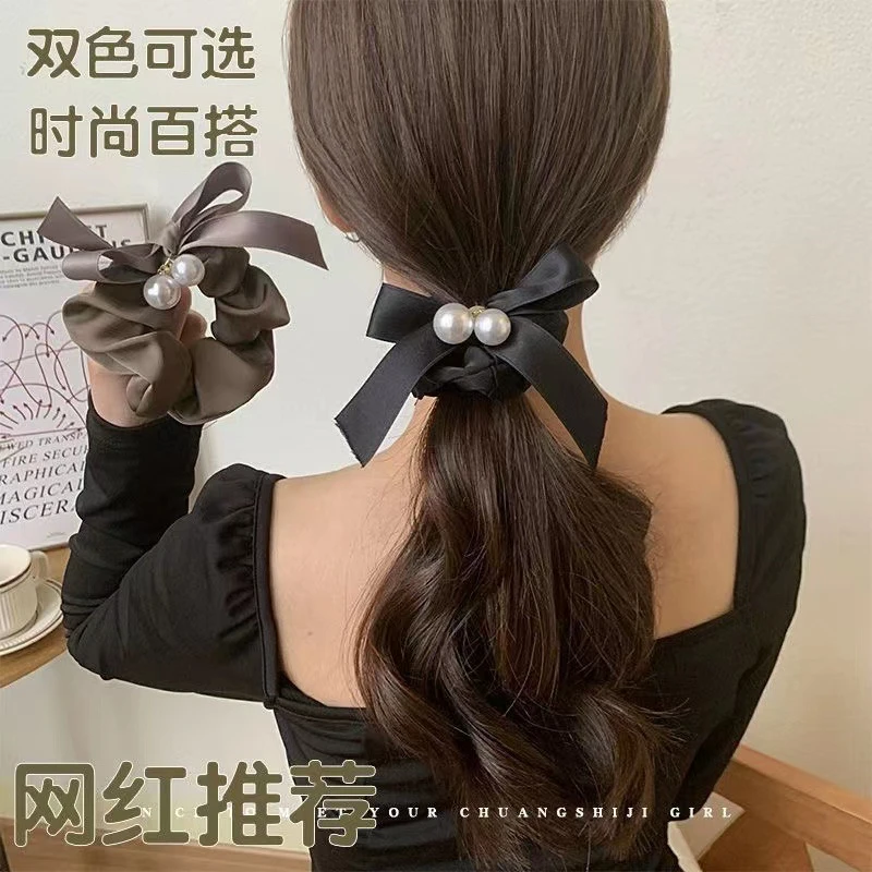 非金属仿珍珠发饰 黑色蝴蝶结飘带大肠发圈头绳女网红高级感头花