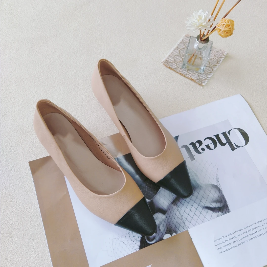 小香风单鞋粗跟尖头拼色高跟女鞋单鞋气质舒适