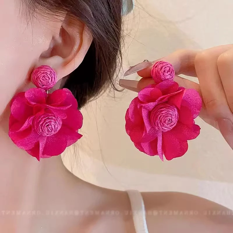 秋冬上新玫红花花时尚超仙夸张耳环高级感小众设计感高级感耳饰