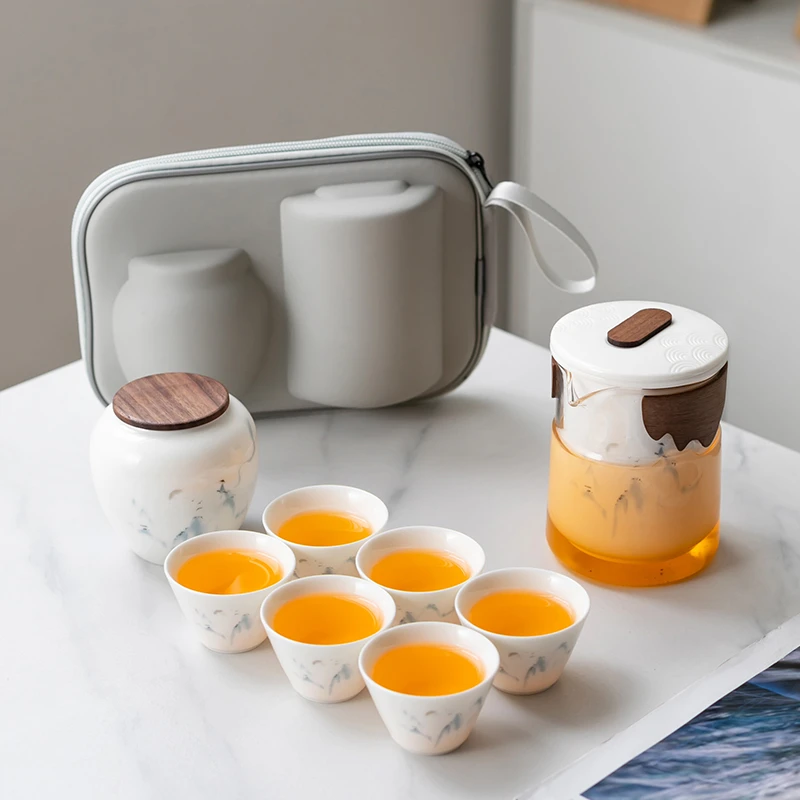 便携茶具旅行套装简约露营陶瓷快客杯户外车载防烫旅行套装茶具