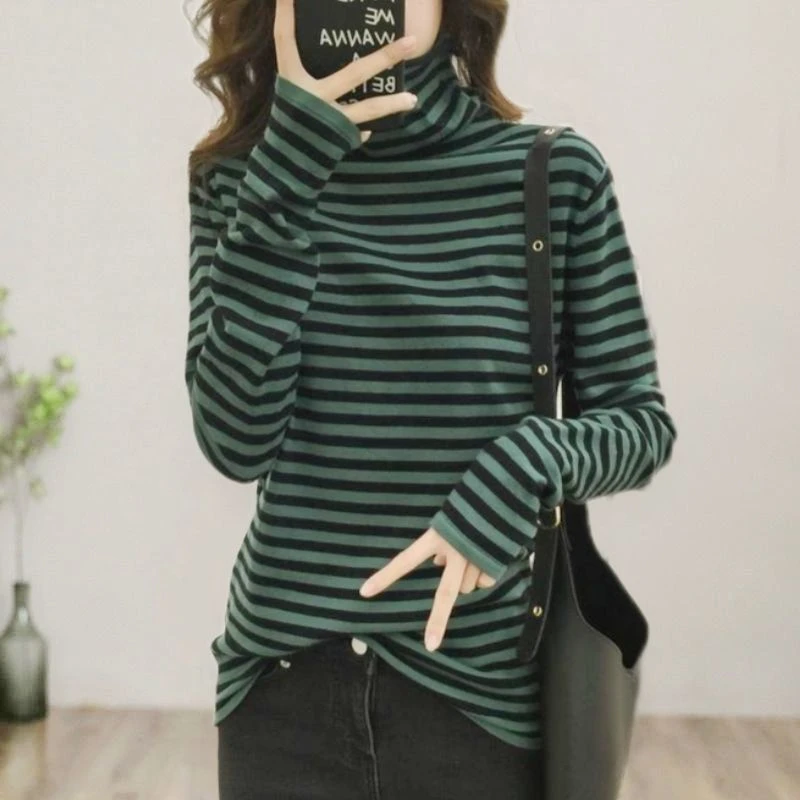 欧洲站2024秋冬季纯棉条纹百搭减龄高领打底衫女洋气显瘦长袖上衣