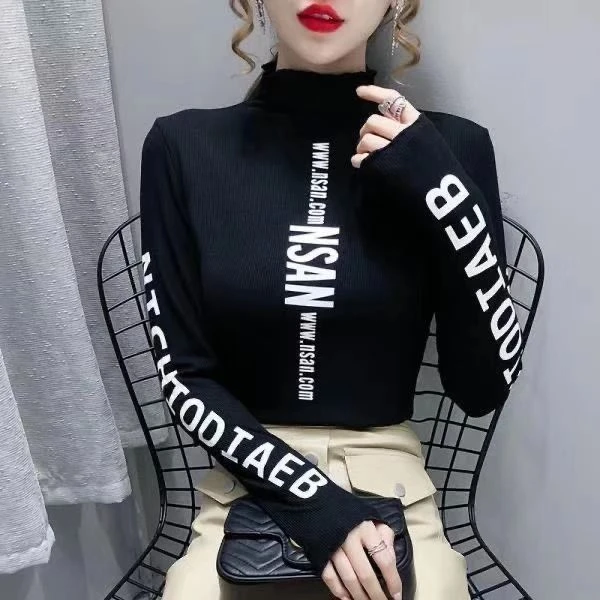 欧货纯棉半高领加绒打底衫女长袖t恤2024春秋款修身百搭上衣ins潮