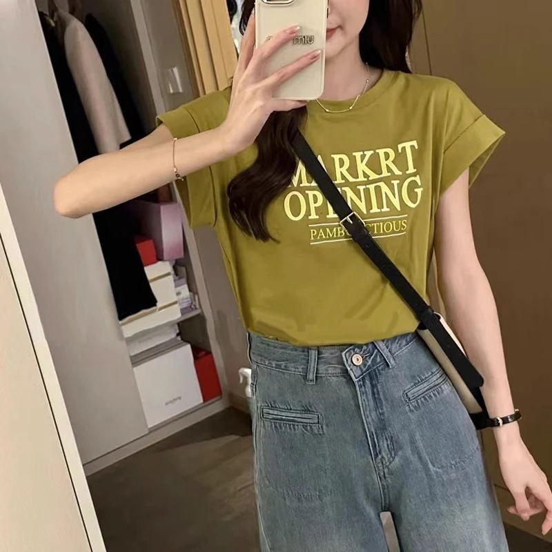 美式复古圆领飞飞袖短袖t恤女秋季宽松显瘦字母百搭别致正肩上衣