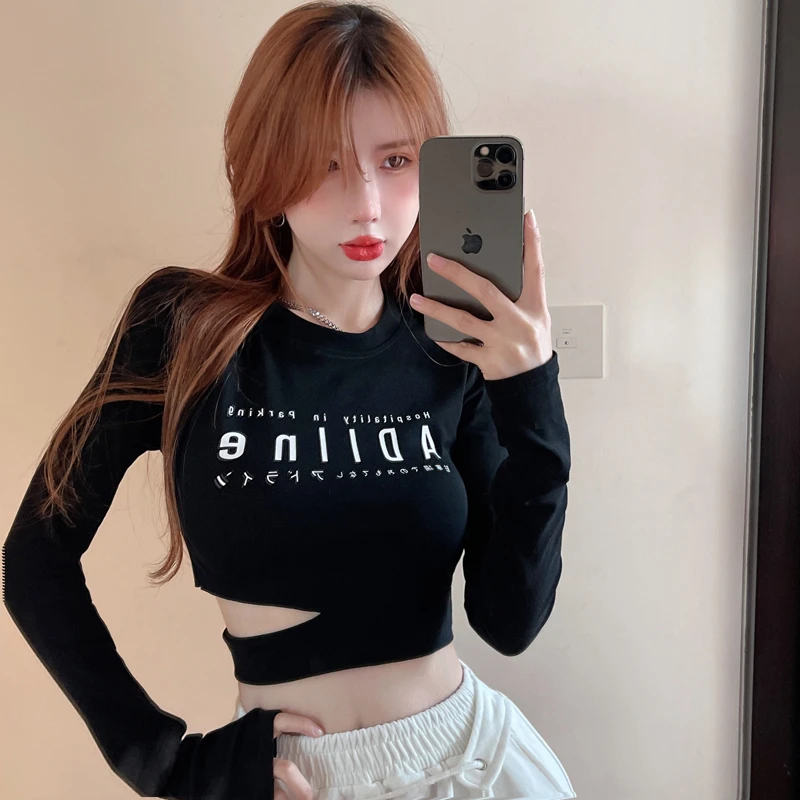 字母印花长袖T恤女修身内搭打底衫短款露脐辣妹甜爵士跳舞蹈上衣