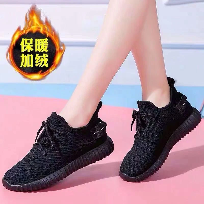 特步断码女秋冬季加绒黑色工作鞋防滑平底孕妇鞋休闲妈妈运体操鞋