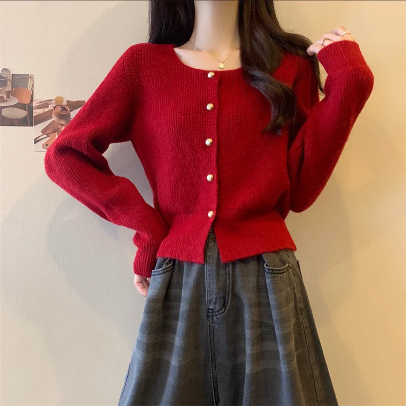 复古韩版净色方领金扣长袖毛衣开衫女秋冬洋气短款小个子针织外套