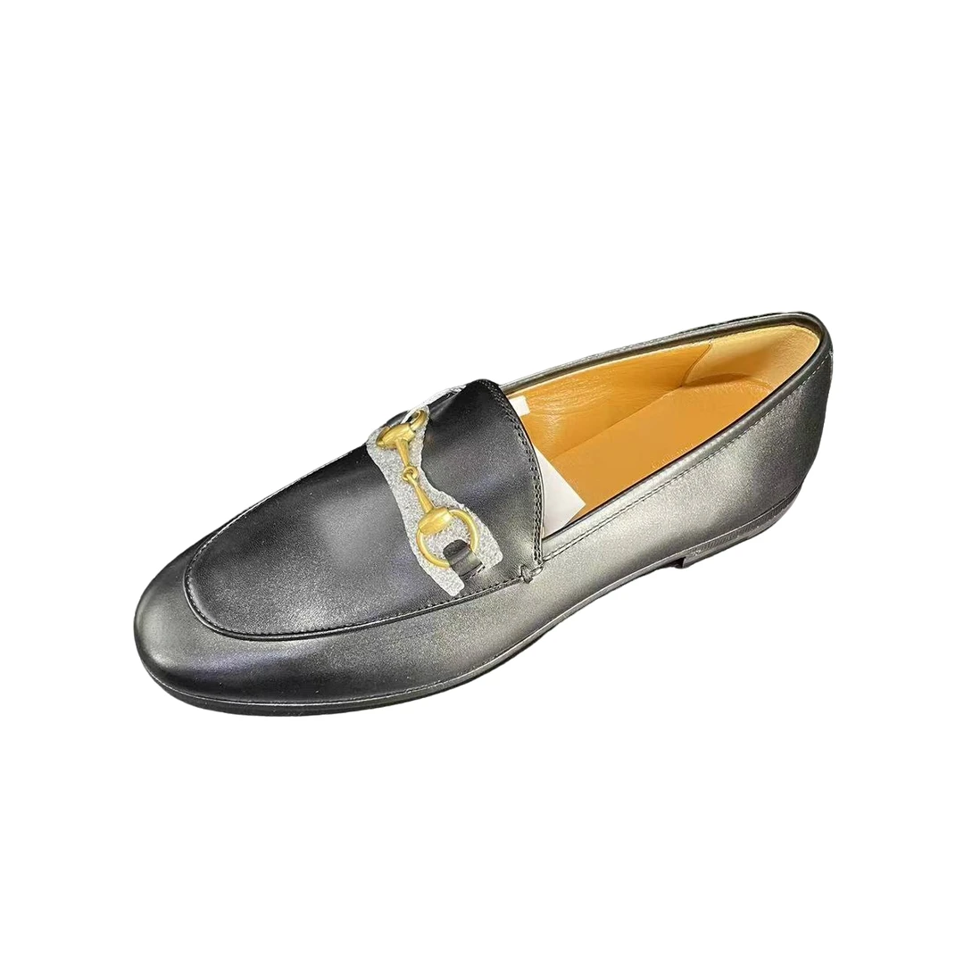 99新 GUCCI/古驰 女士黑色夏季时尚商务百搭金色马衔扣乐福鞋