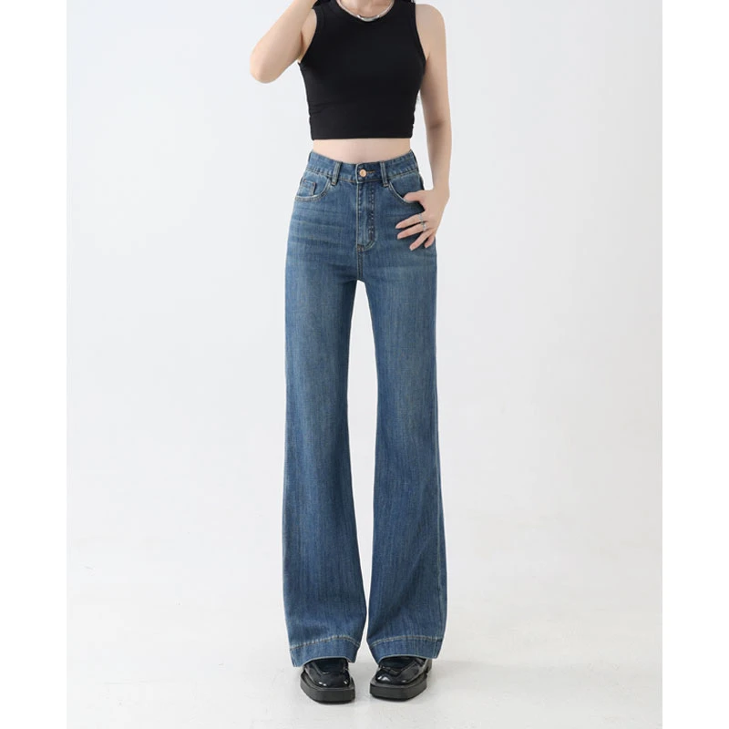 微喇牛仔裤女高腰新款2024年秋季修身百搭小个子四面弹喇叭裤