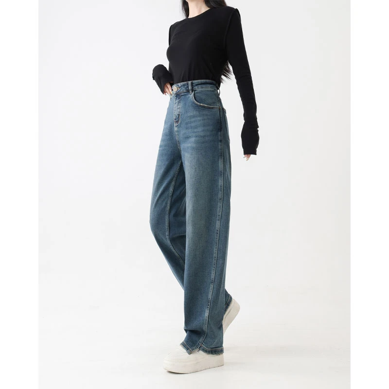 2024秋冬新款加绒弯刀裤女高腰显瘦百搭牛仔裤慵懒宽松法式风