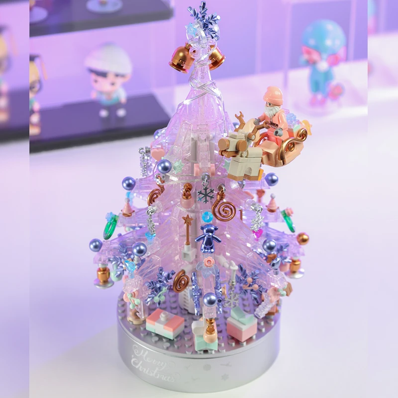 正博圣诞树音乐盒积木拼装益智玩具灯光八音盒摆件女孩圣诞礼物