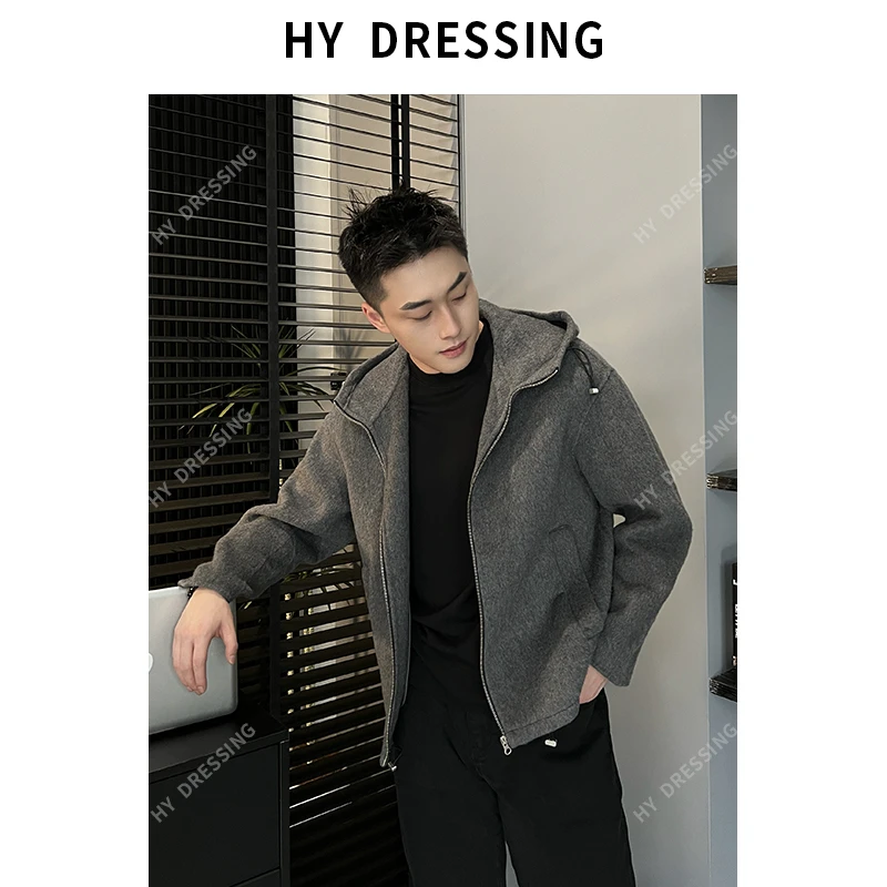 【HY穿搭】秋冬时尚加厚双面毛呢大衣连帽宽松休闲夹克外套男88153