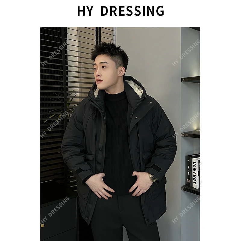 【HY穿搭】冬季中长款连帽羽绒服男时尚户外保暖防风加厚外套929